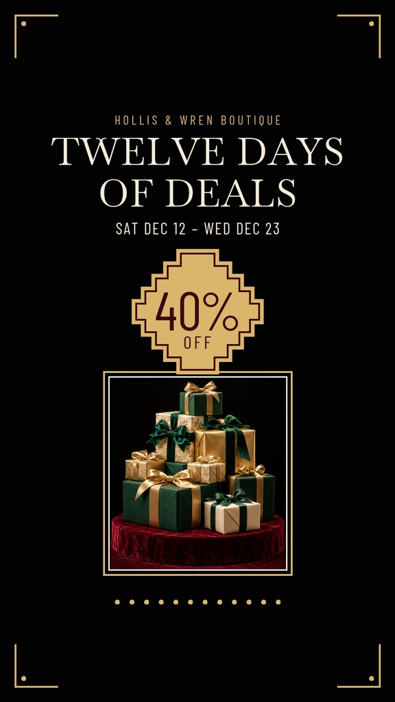 Black Instagram story template with gold accents, 40% off badge, and stacked wrapped gifts.