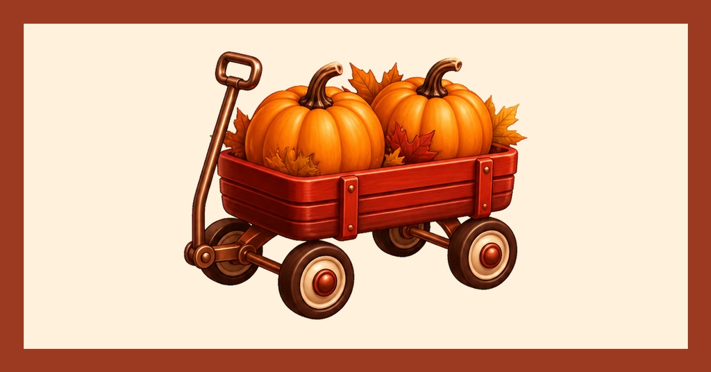 A wagon filled with orange pumpkins on a cream background with a brown border.