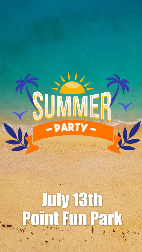 Summer party poster with beach theme and event details