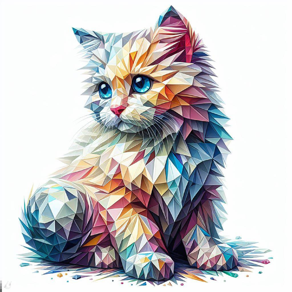 Low poly cat with multicolored geometric shapes and green eyes