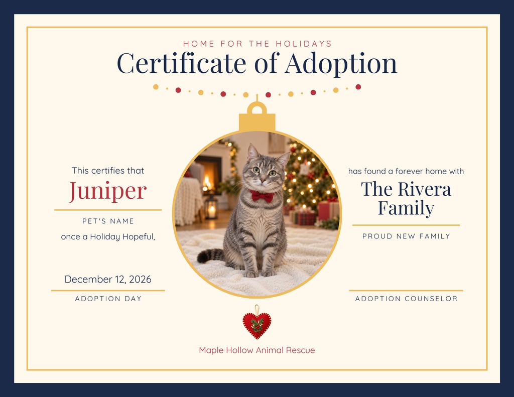 Holiday-themed adoption certificate with a cat photo, decorative border, and personalized name fields.