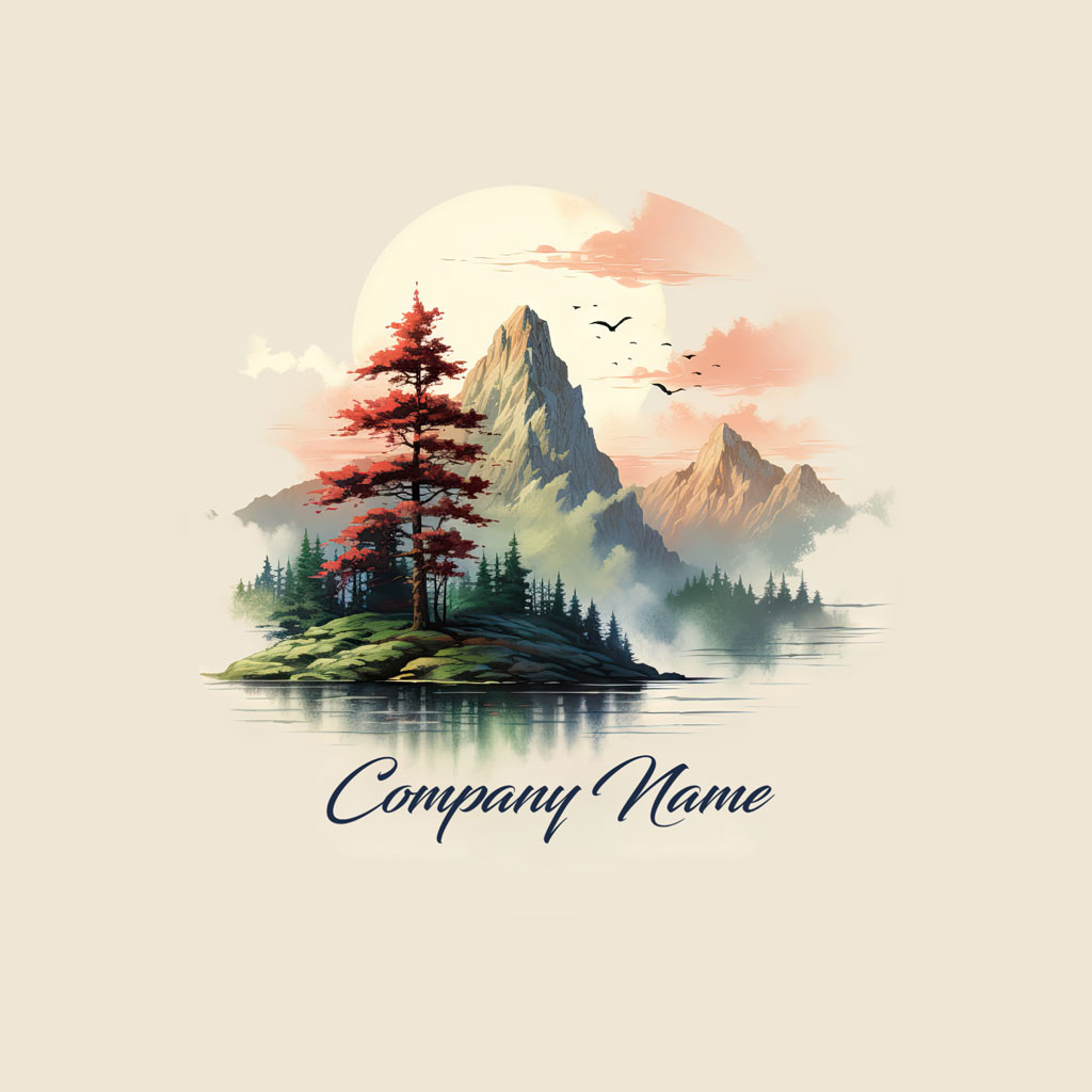 Logo design with a mountain, lake, and trees