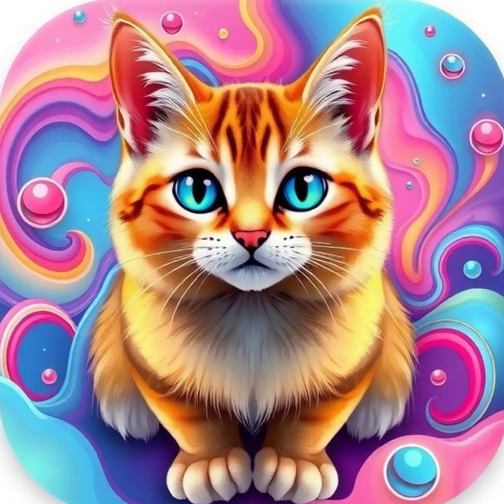 A cartoon cat with blue eyes and orange fur on a colorful background
