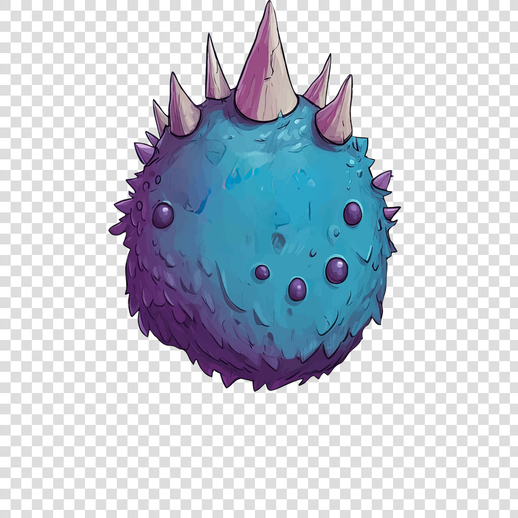 A blue creature with purple spikes and dots on a white background
