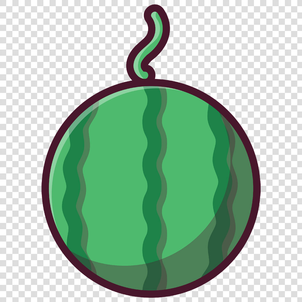 A cartoon watermelon with a green rind and dark green stripes.