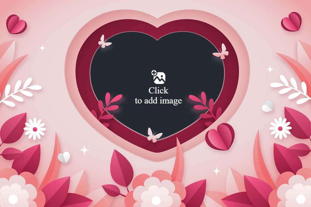 A pink and red heart frame with flowers and butterflies