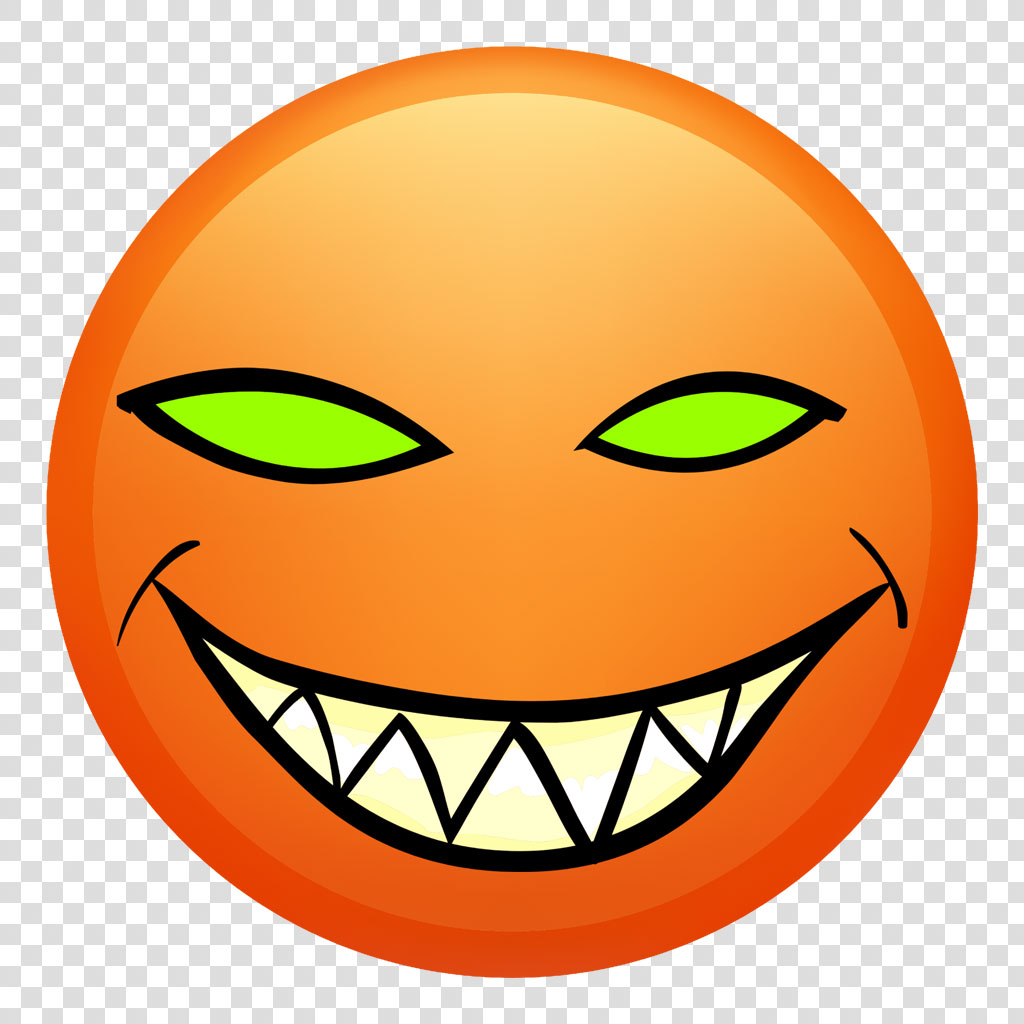 An orange emoji with a sly smile and green eyes