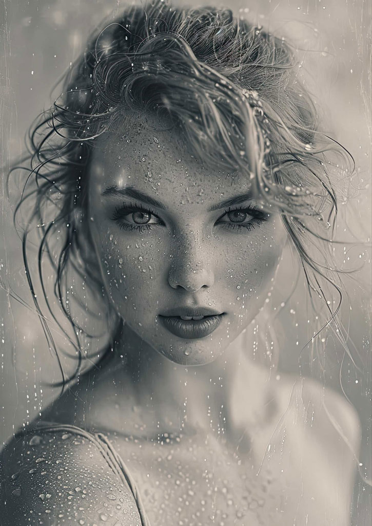 Black and white image of a woman with wet hair and skin