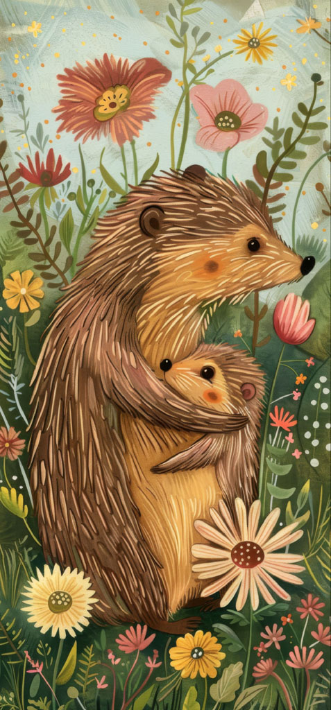 Illustration of a mother hedgehog hugging her baby in a field of colorful flowers