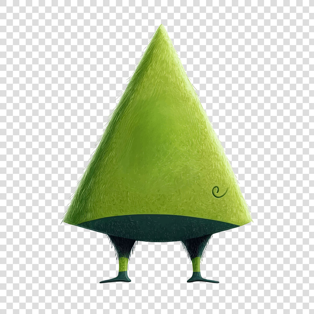 A cartoon tree with a triangular green body and two legs