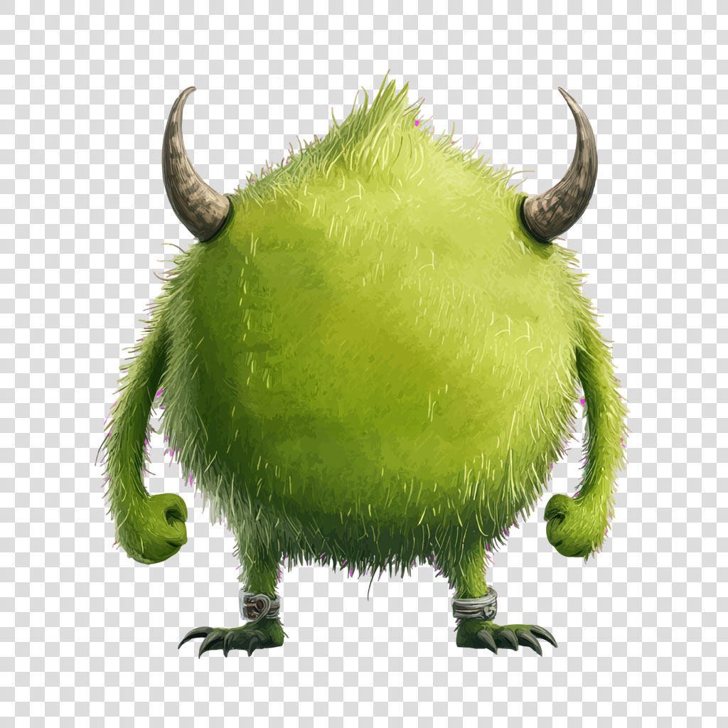 A green furry monster with two horns and sharp claws