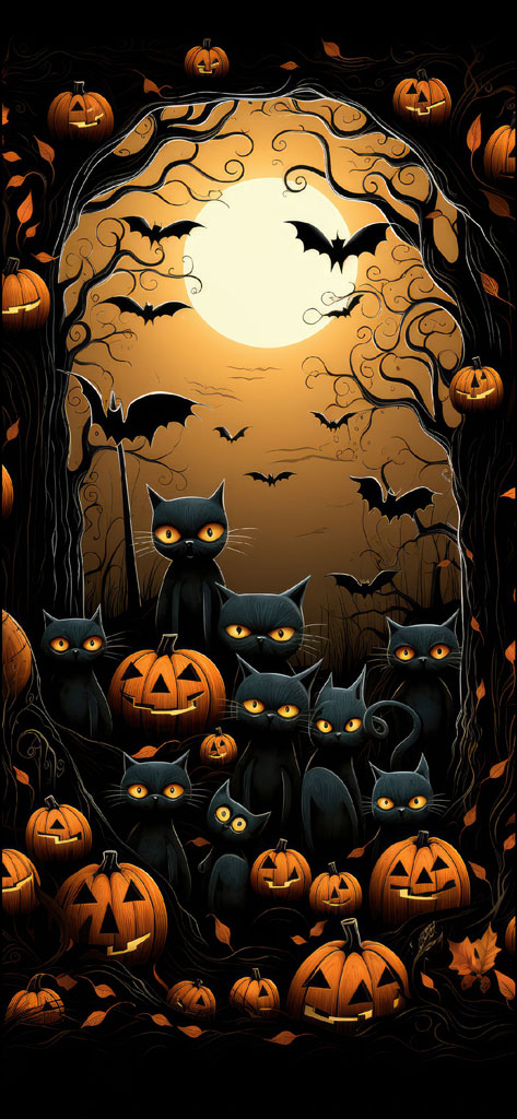 Halloween illustration with black cats and pumpkins