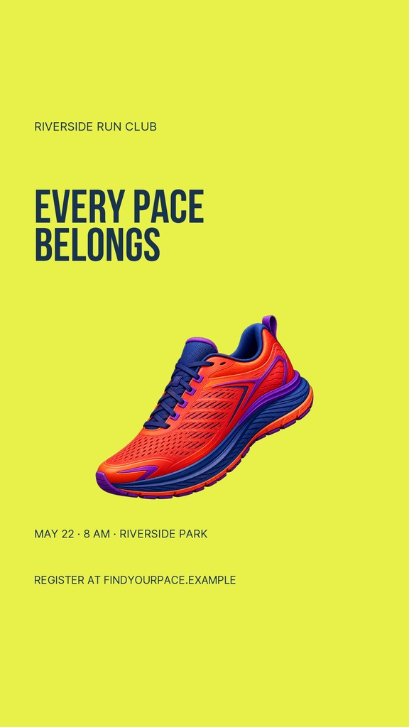 Bright yellow Instagram story design with a running shoe and the text Every Pace Belongs.
