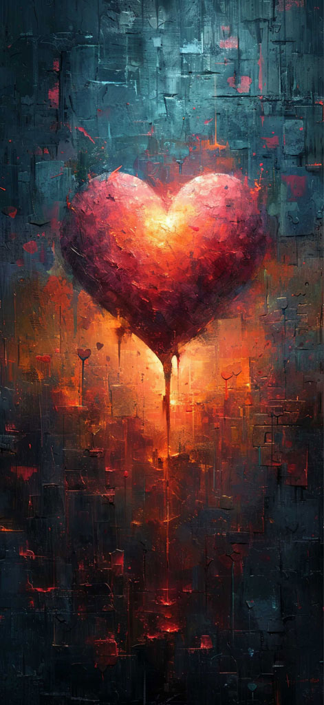 A heart-shaped artwork with vibrant red and orange hues
