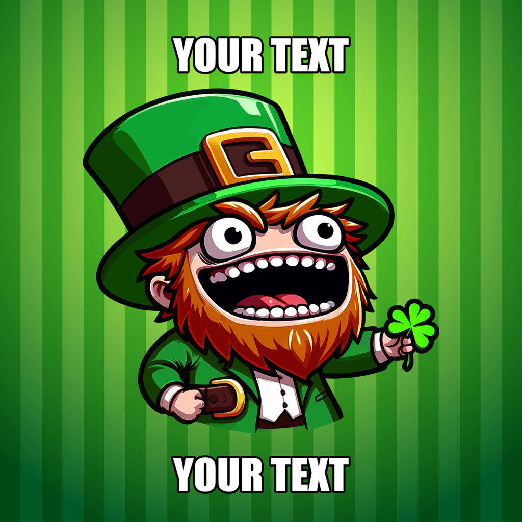 Cartoon leprechaun with green hat and beard holding shamrock and pot of gold