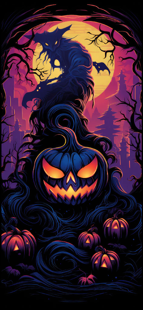Halloween illustration with a glowing pumpkin and black cat
