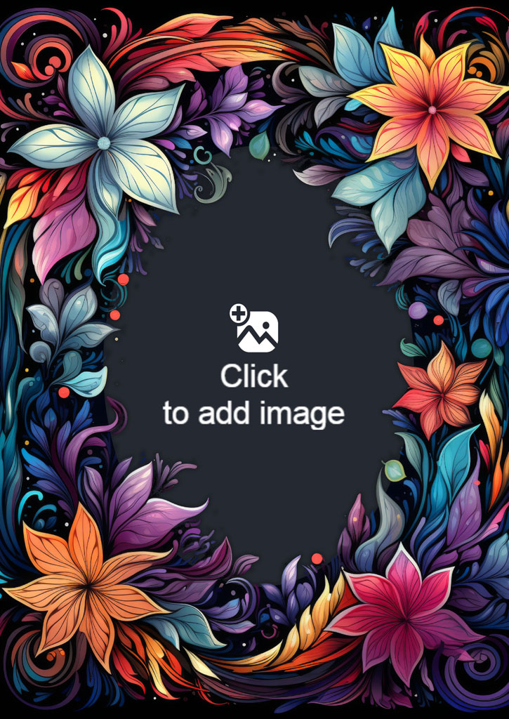 A vibrant floral frame with multicolored flowers and leaves on a dark background