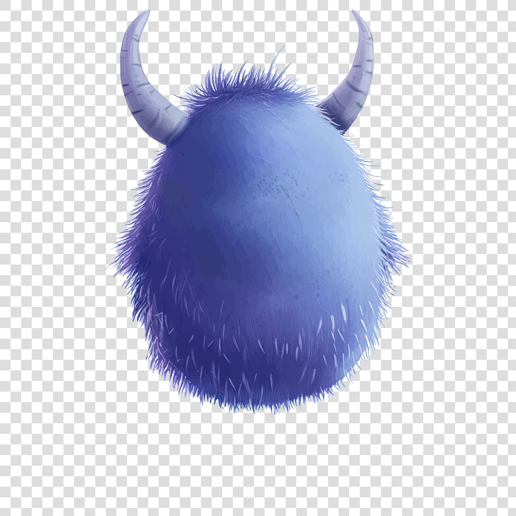 A blue monster with two horns and a fluffy texture