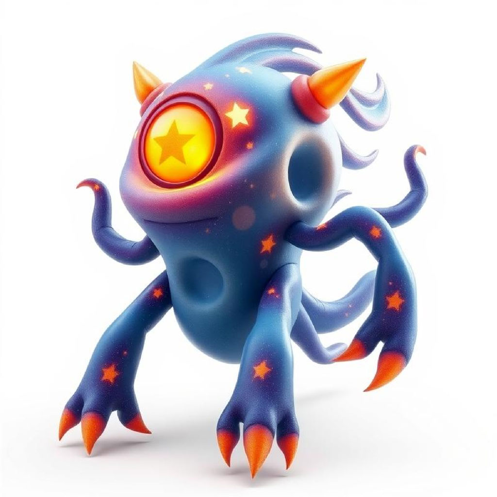 A blue, one-eyed creature with horns and orange claws.