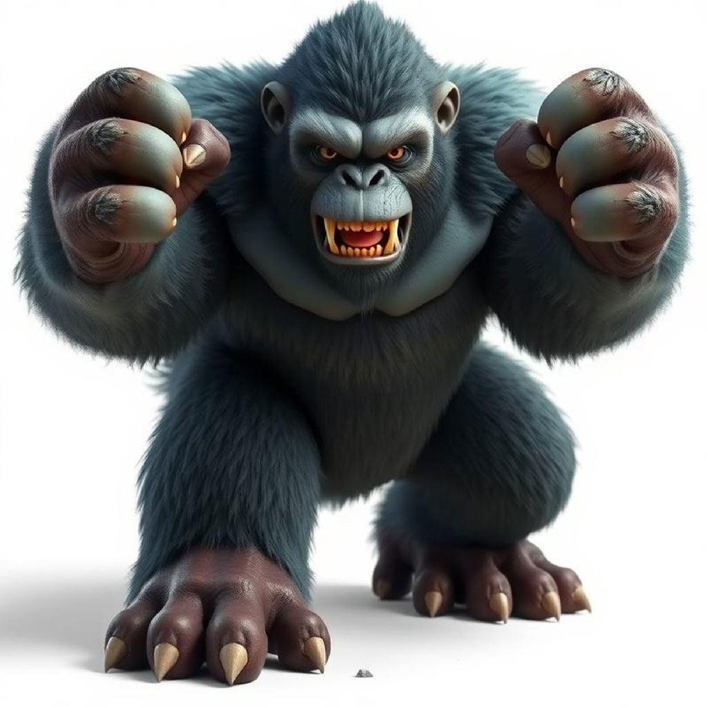 A 3D rendering of a fierce gorilla with sharp teeth and claws.