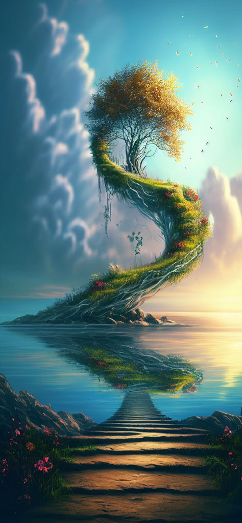 A surreal digital painting of a floating island with a tree and stairs