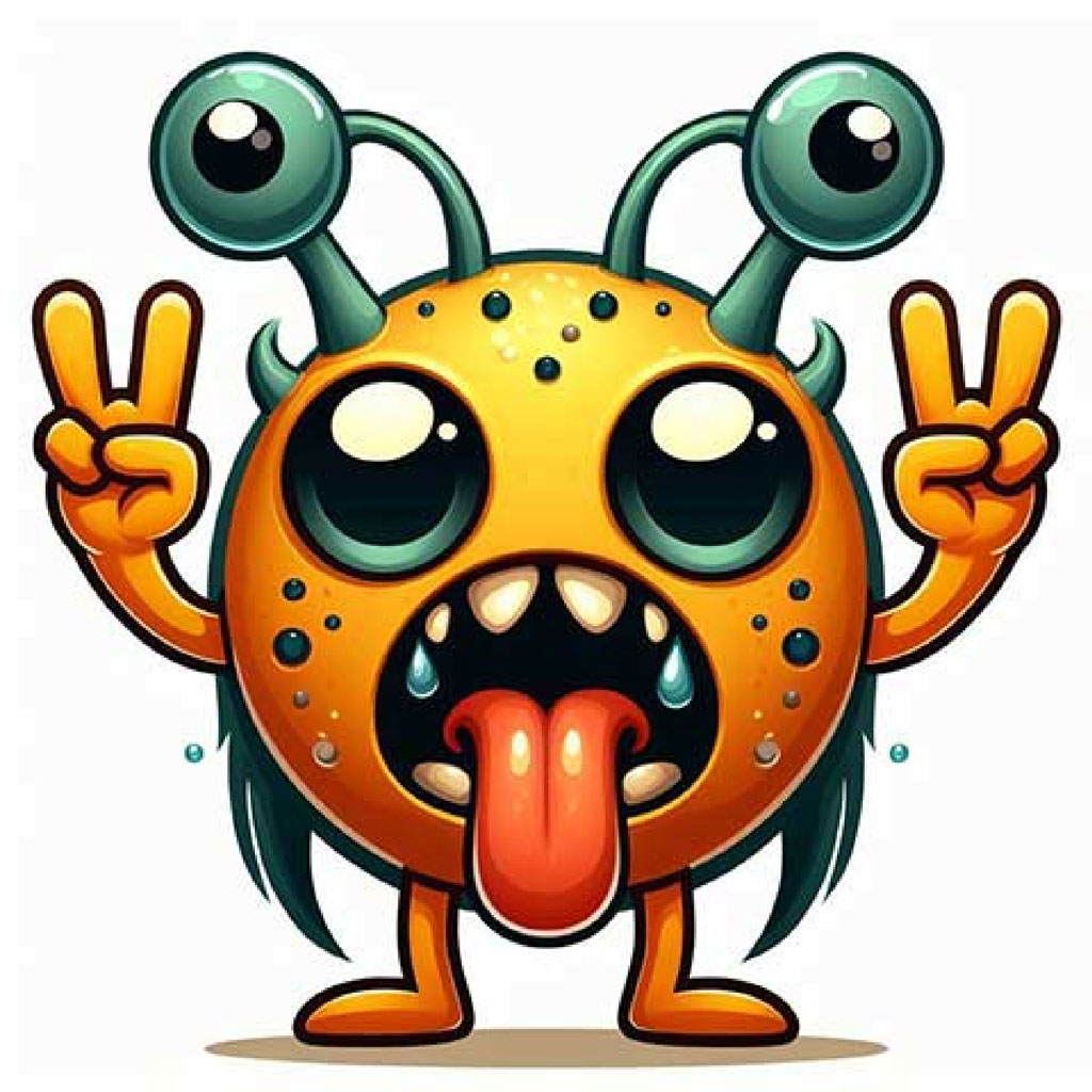 A blue and yellow cartoon monster with large eyes and colorful spots