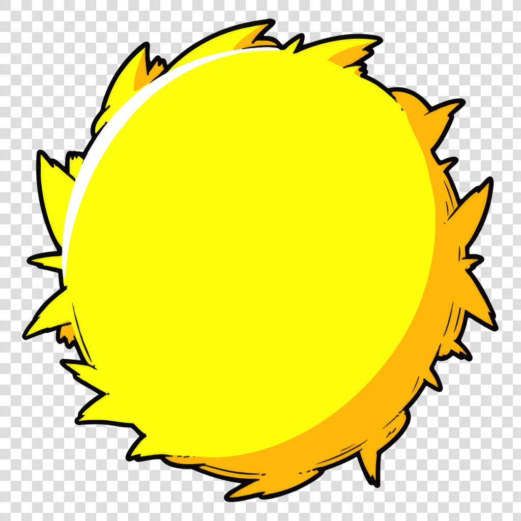 A cartoon sun with a bright yellow center and orange rays on a white background.