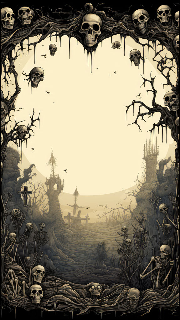 A dark and eerie cemetery scene with skulls and skeletons.
