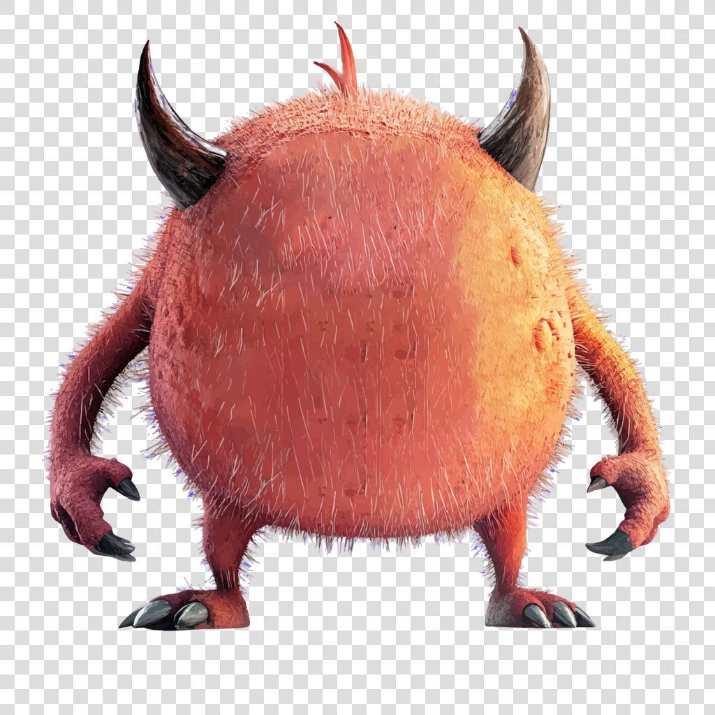 A red, furry monster with two horns and sharp claws on its hands and feet.