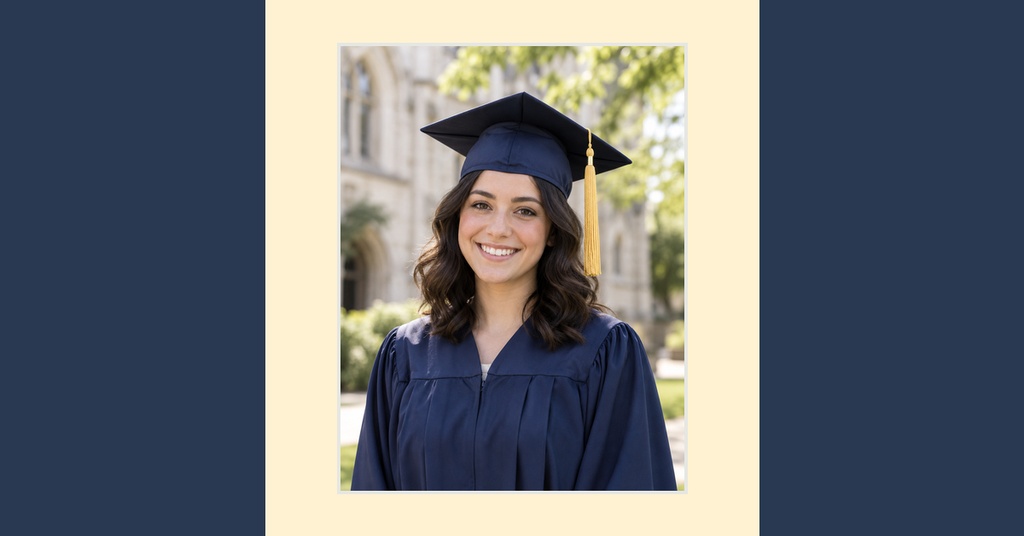 Smiling graduate in cap and gown centered on a simple two-tone cover design.