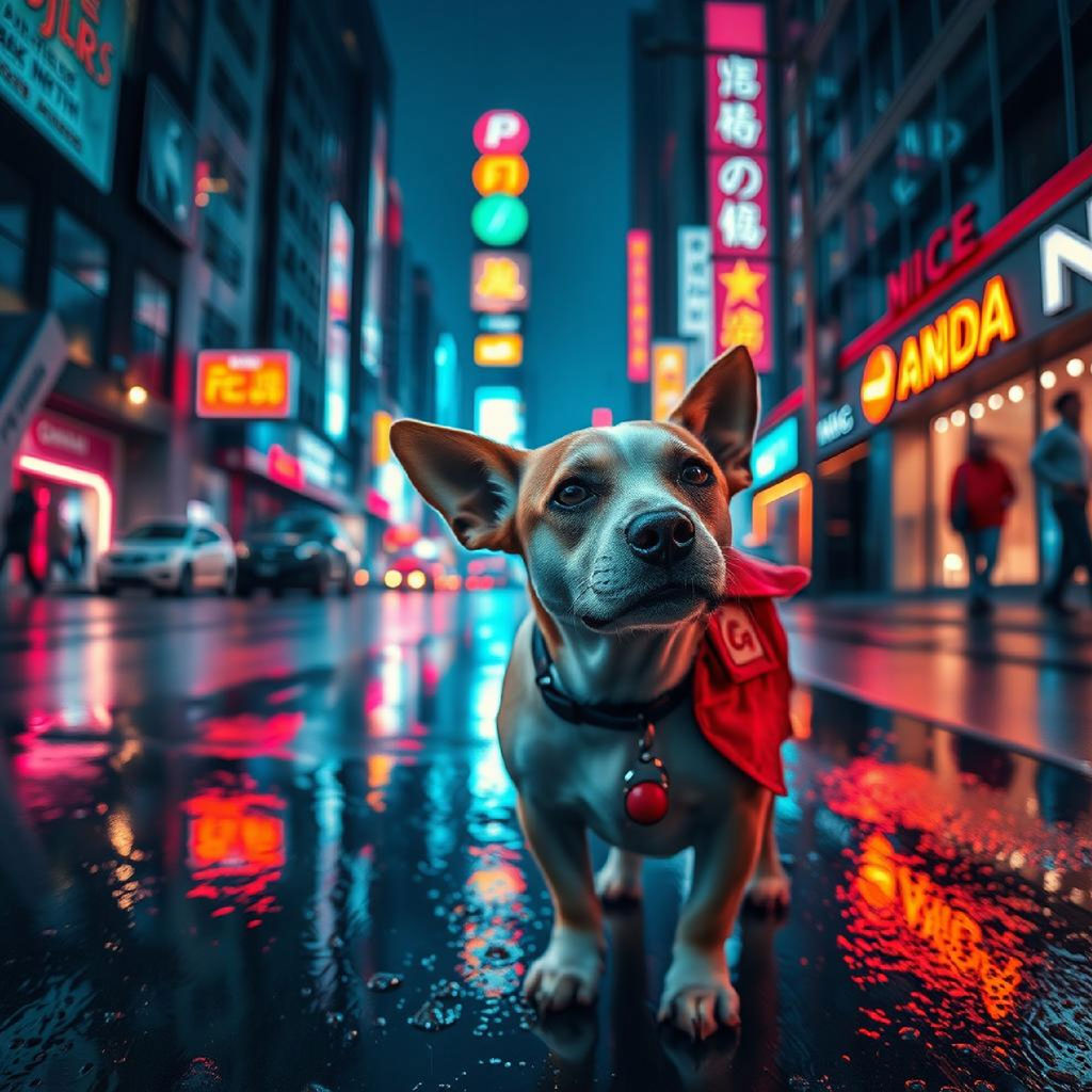City street at night with neon signs and people walking