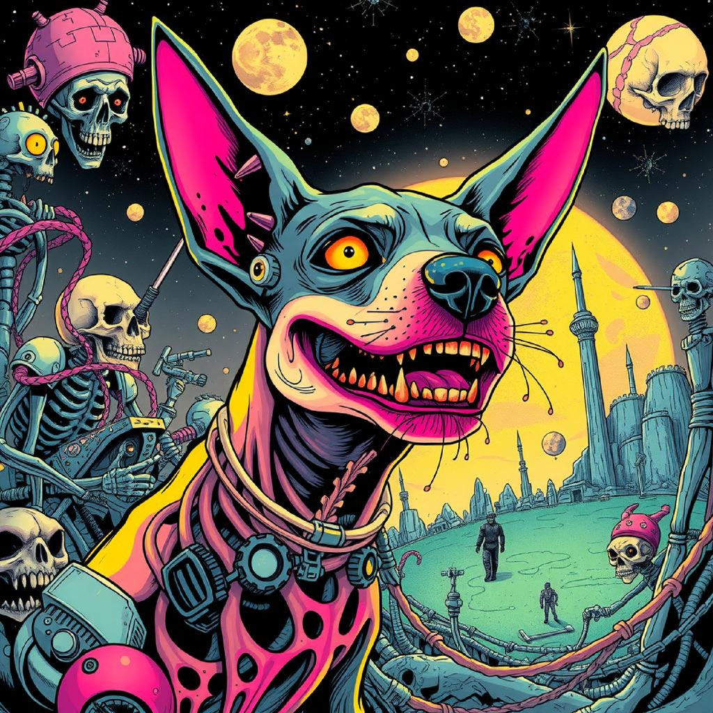 A man with blue skin and red hair, wearing headphones and a futuristic outfit, stands amidst a horde of zombies on a distant planet.