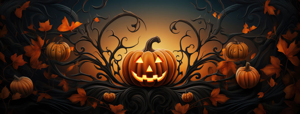 A jack-o'-lantern with a carved face surrounded by vines and pumpkins on a dark background.