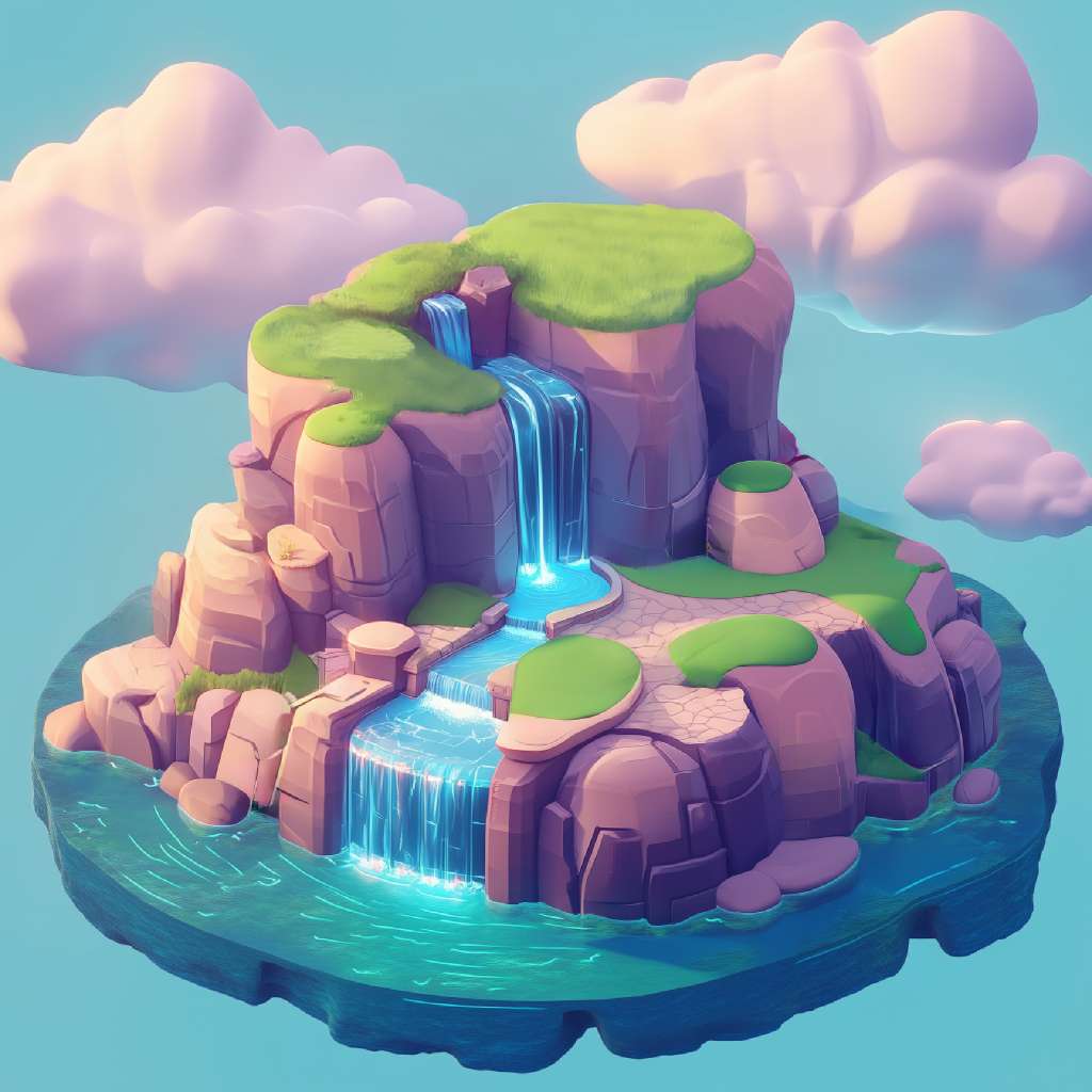 A cartoon island with a waterfall cascading into the ocean.