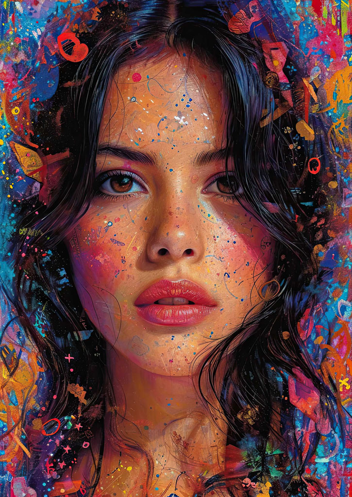 A close-up portrait of a young woman with dark hair and brown eyes, covered in colorful paint splatters.