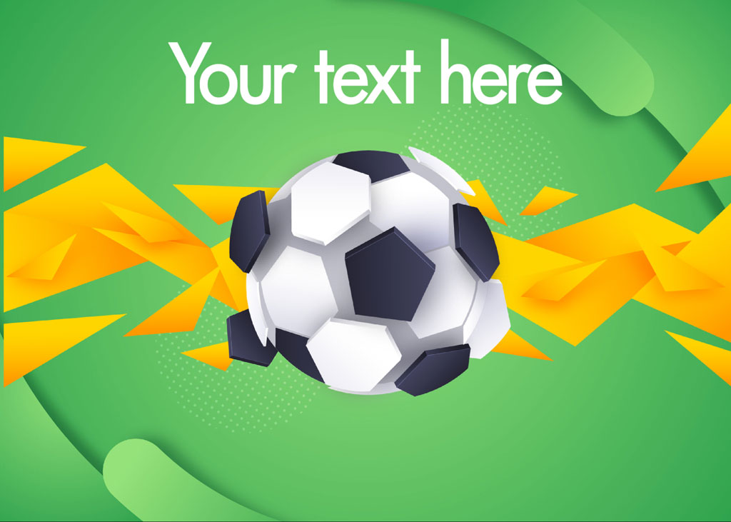 A soccer ball on a green background with yellow shapes