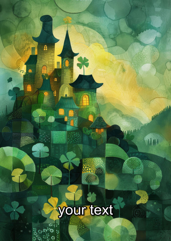 A watercolor-style illustration of a castle with towers and turrets, amidst a landscape of trees and four-leaf clovers.