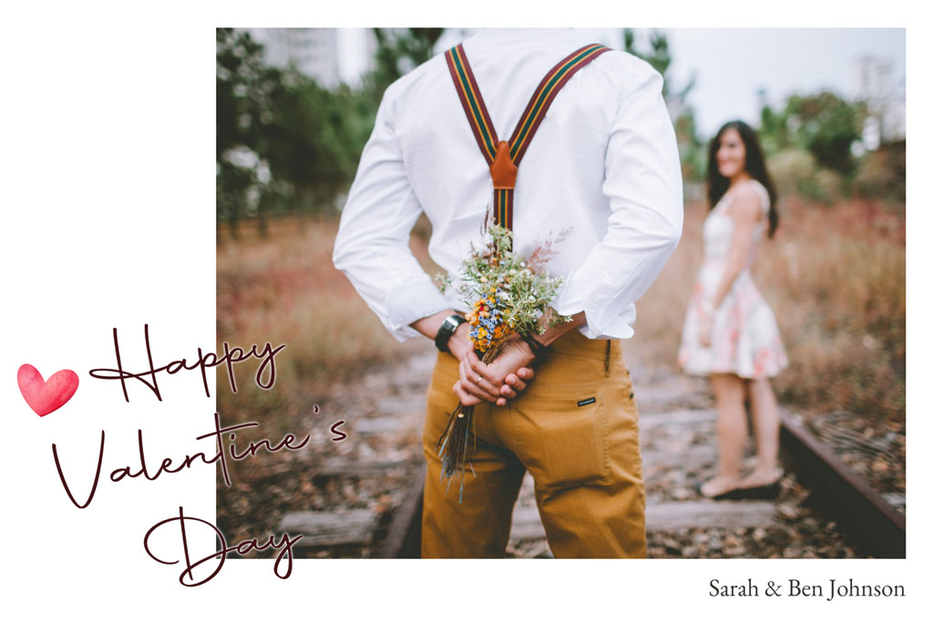 Man hiding flowers behind his back for Valentine's Day surprise