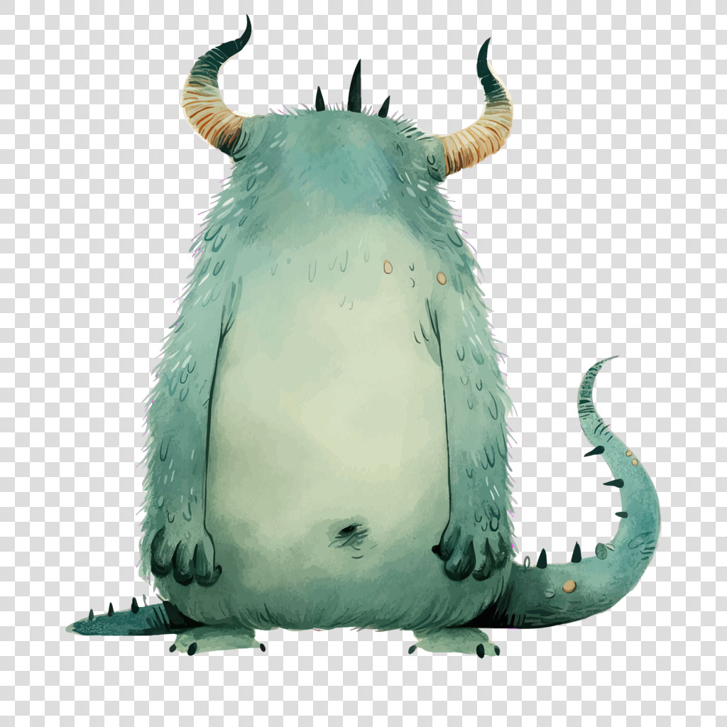 A cartoon-style, green monster with horns and a spiky tail.