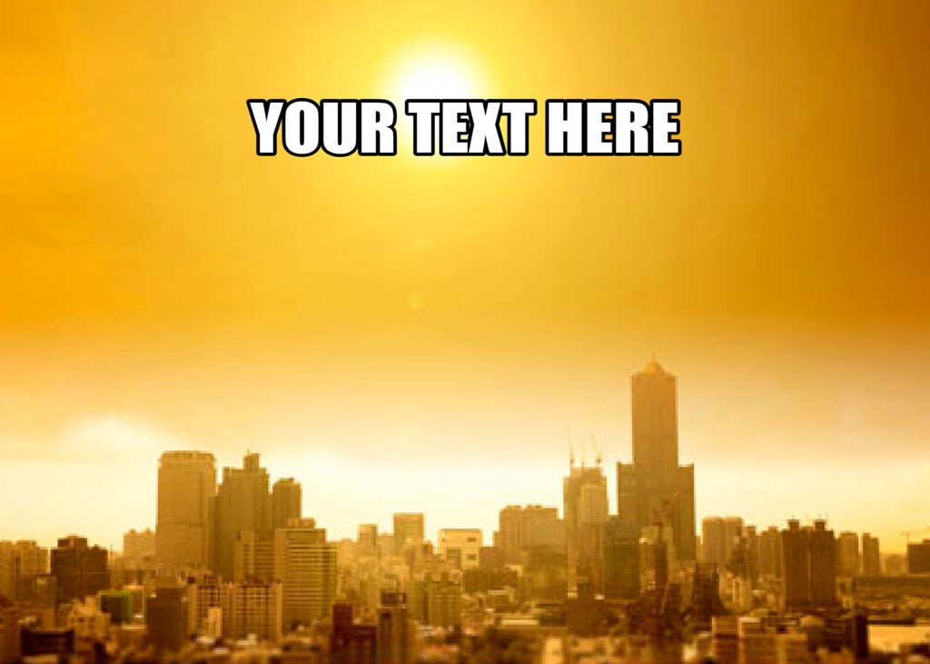 City skyline with tall buildings and a bright sun