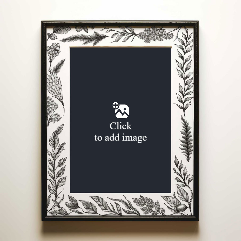 Black and white floral picture frame on a white wall.