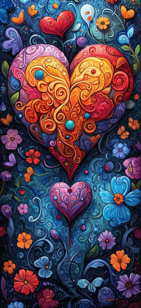 A large, ornate heart with swirling patterns, surrounded by smaller hearts, flowers, and butterflies.