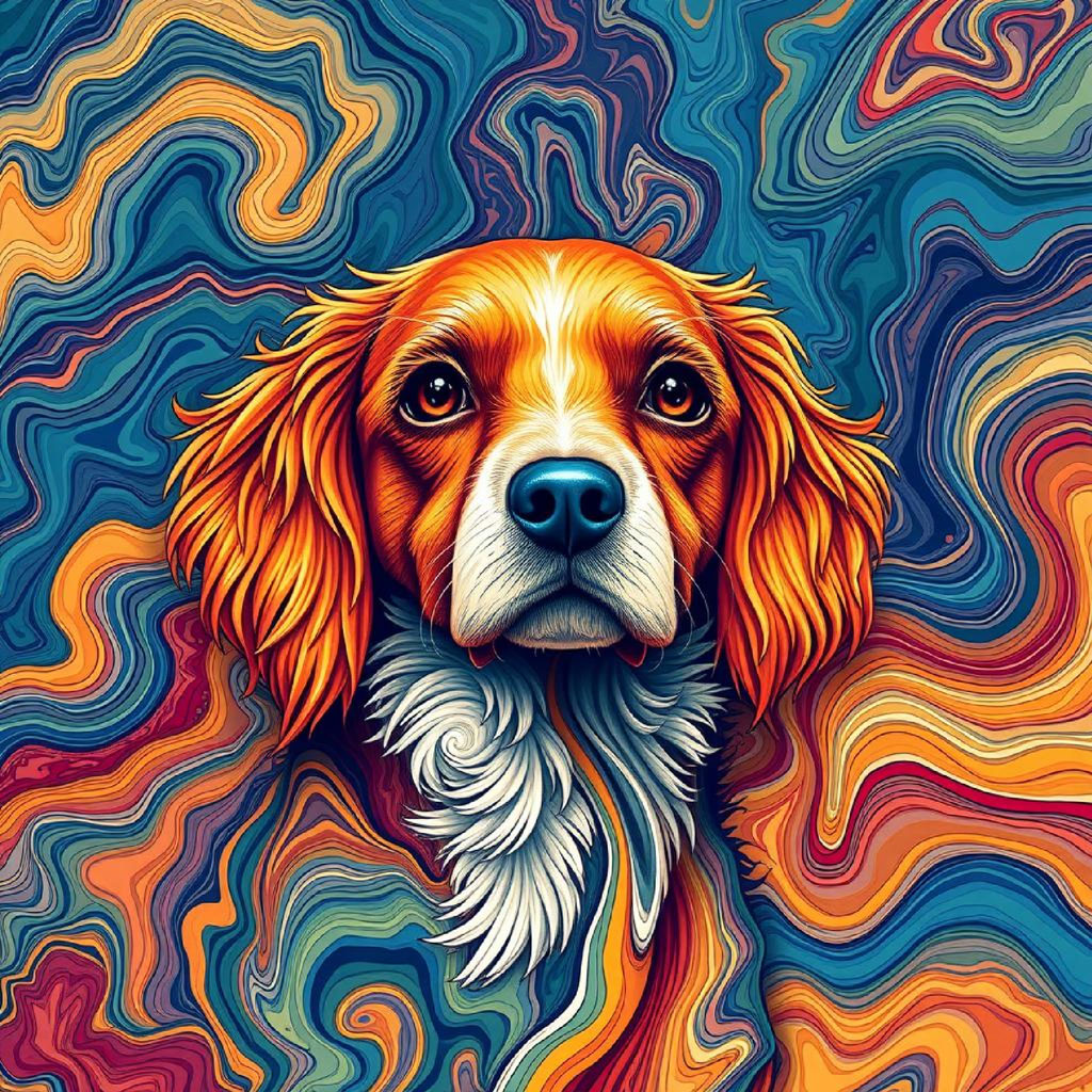 A woman with blue eyes and red lips surrounded by vibrant, swirling hair