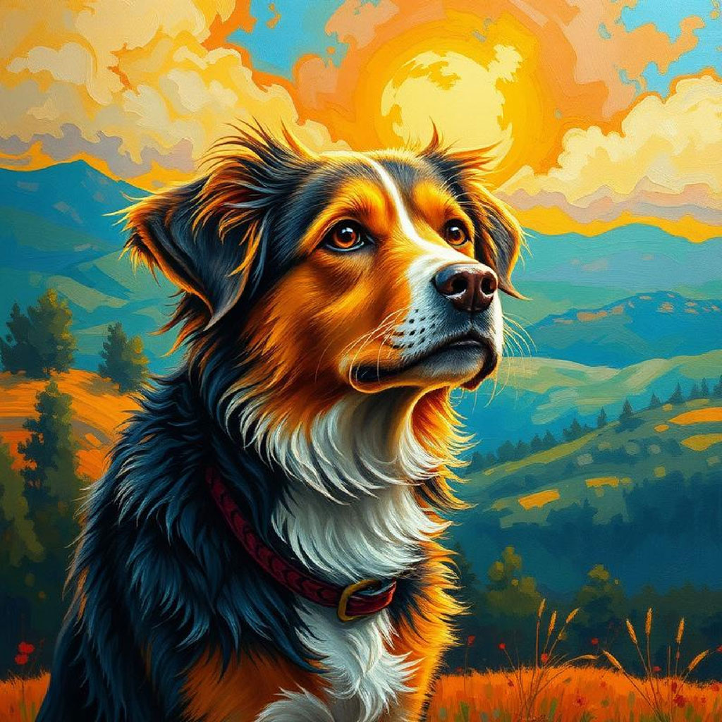 A colorful painting of a village surrounded by autumn trees and rolling hills under a blue sky with floating rectangles.