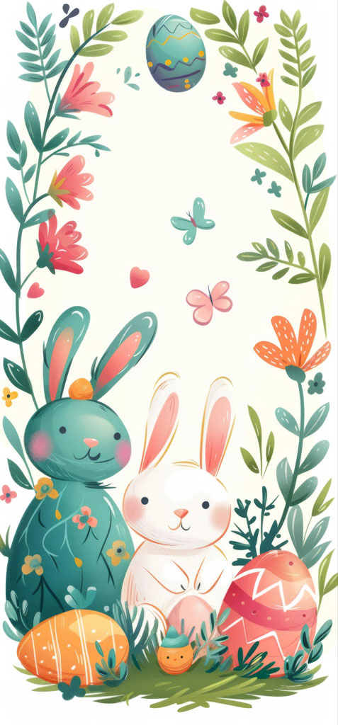 Illustration of two Easter bunnies with decorated eggs and flowers