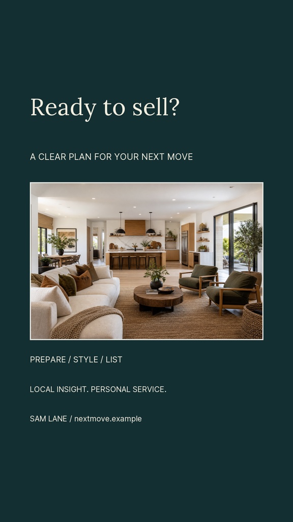 A portrait real estate story design with the headline Ready to sell and a living room photo.