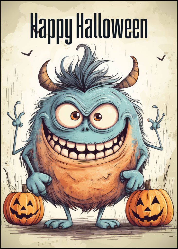 A blue furry monster with horns holding two jack-o-lanterns.