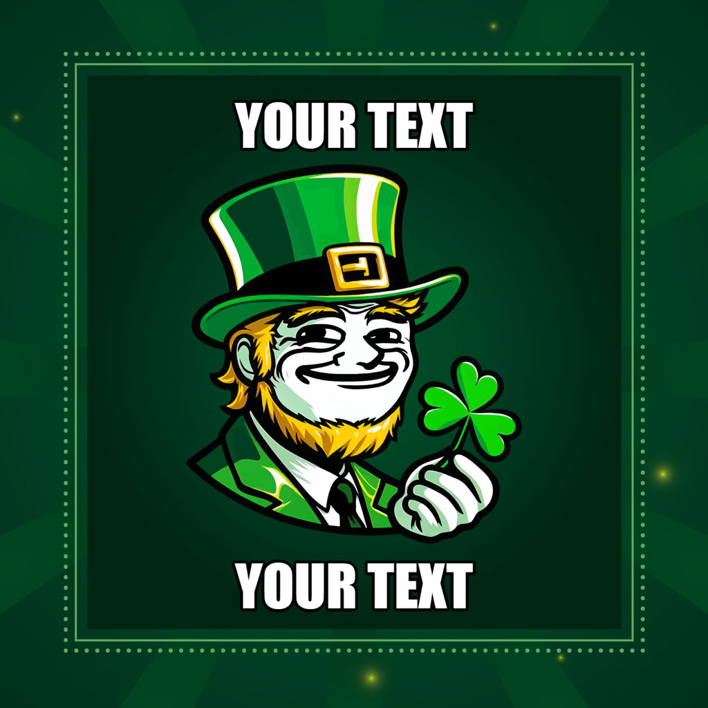 Cartoon leprechaun holding shamrock with green hat and suit
