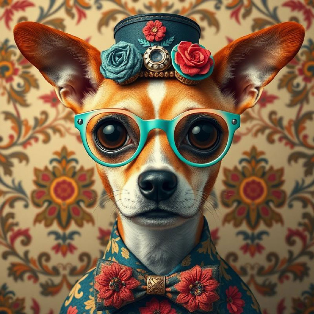 Illustration of a doll with black hair and red lips against a floral wallpaper