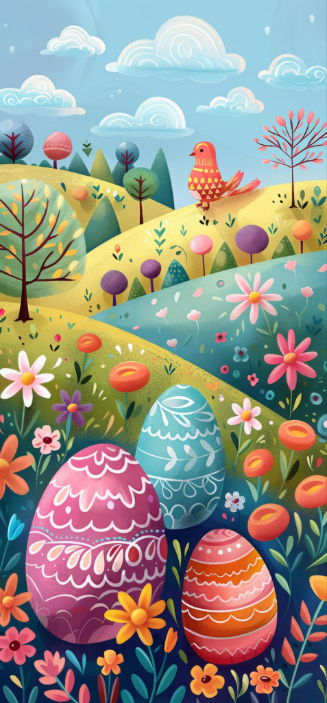 Illustration of Easter eggs surrounded by flowers and a bird in a rolling hillside garden